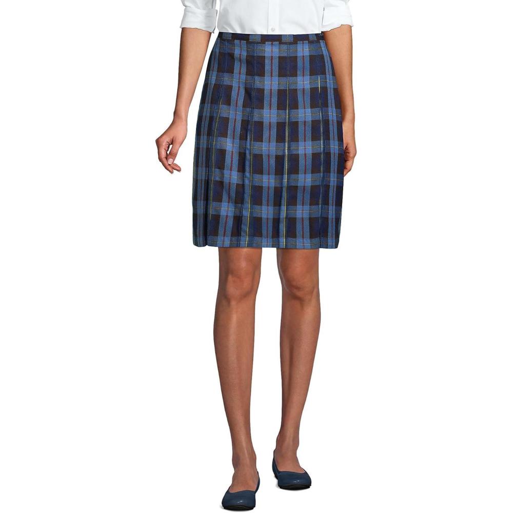 imageLands End School Uniform Young Womens Plaid Box Pleat Skirt Top of The KneeFrench Blue Plaid