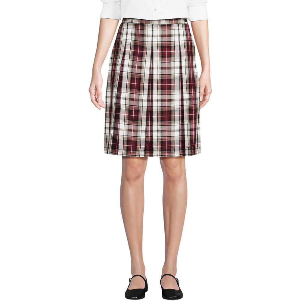 imageLands End School Uniform Young Womens Plaid Box Pleat Skirt Top of The KneeGarnetKhaki Plaid