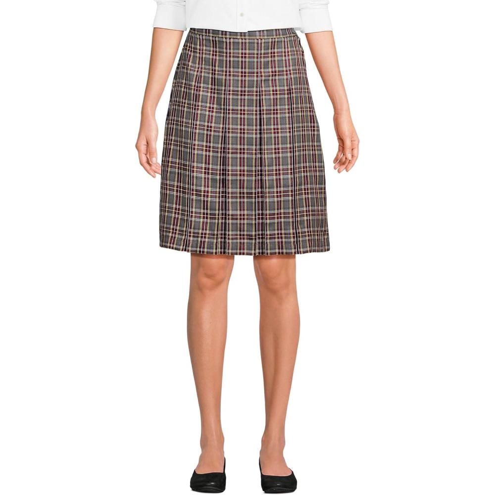 imageLands End School Uniform Young Womens Plaid Box Pleat Skirt Top of The KneeGray HeatherMaroon Plaid