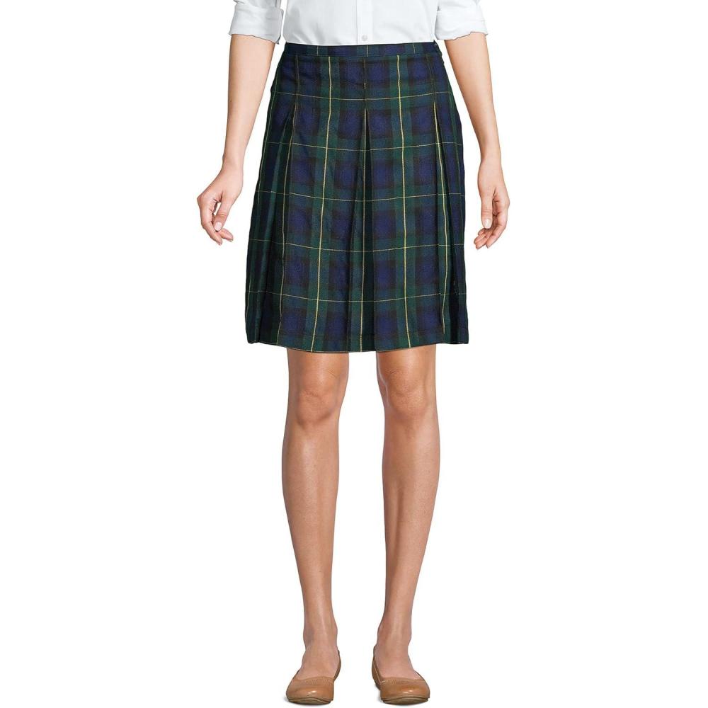 imageLands End School Uniform Young Womens Plaid Box Pleat Skirt Top of The KneePlaid HunterClassic Navy