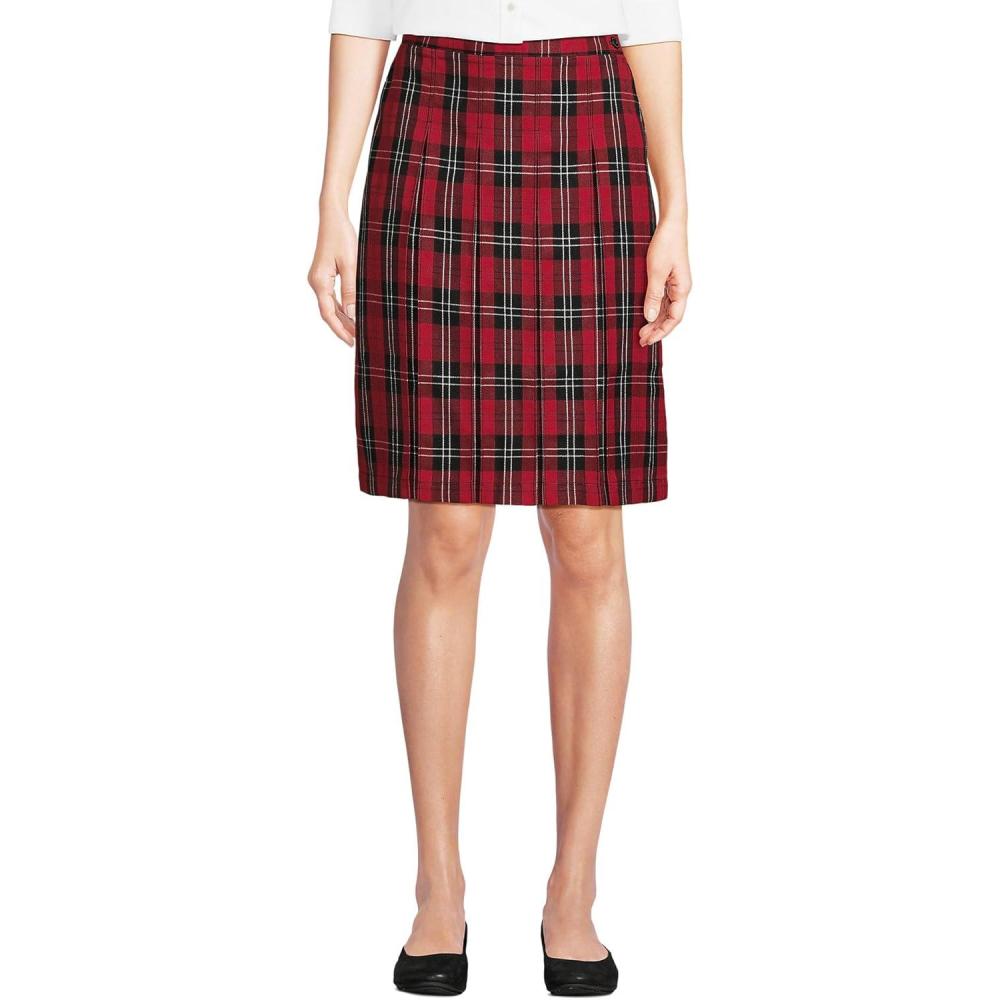 imageLands End School Uniform Young Womens Plaid Box Pleat Skirt Top of The KneeRedBlack Plaid