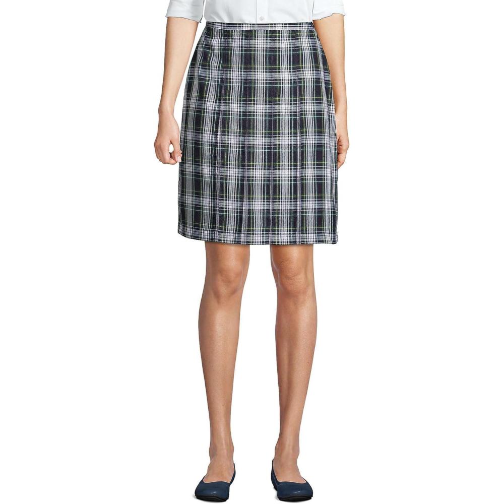 imageLands End School Uniform Young Womens Plaid Box Pleat Skirt Top of The KneeWhiteEvergreen Plaid