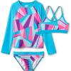 Lands’ End G LS 3 Piece Rash Guard Set Knockout Pink Multi Geo Kids 4