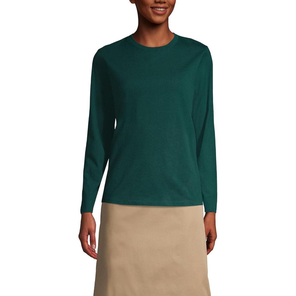 imageLands End Essentials Womens LongSleeve Soft Cotton TShirt Tailored Feminine FitEvergreen