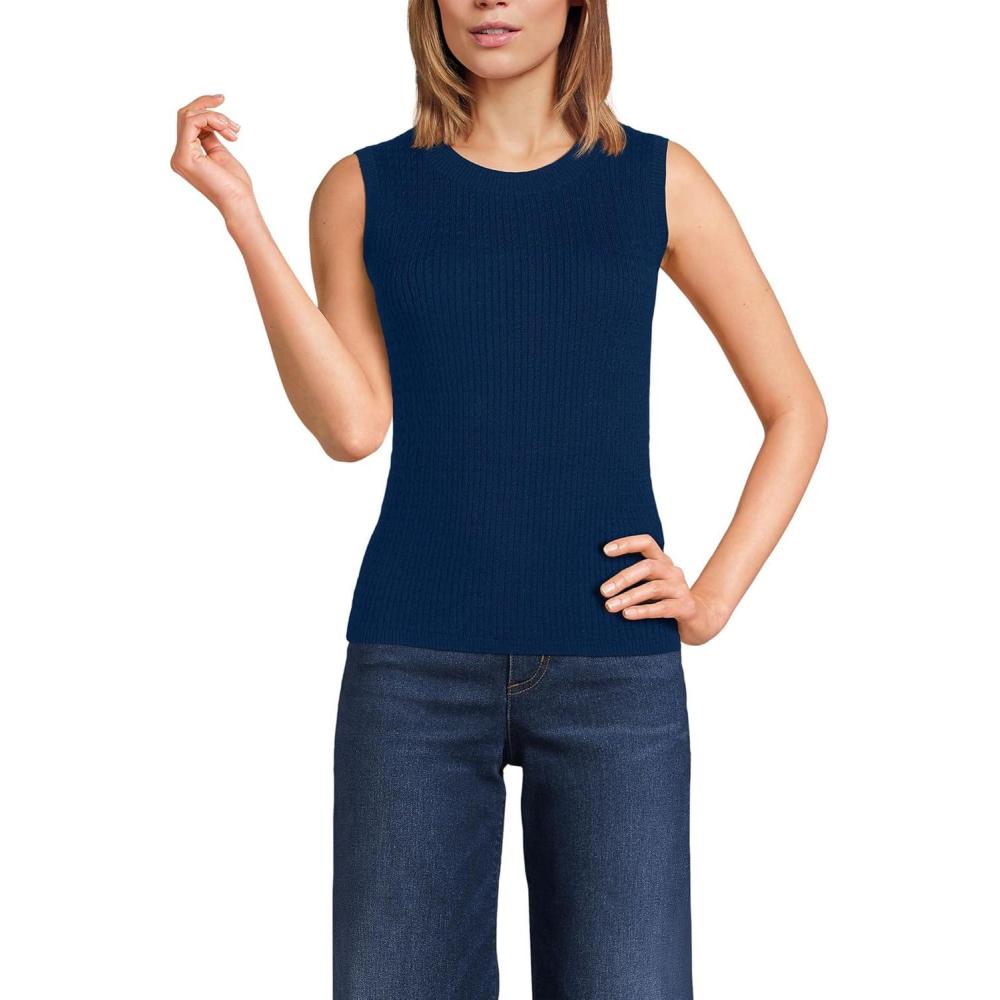 imageLands End Womens Fine Gauge Baby Cable Crew Neck Sleeveless SweaterDeep Sea Navy