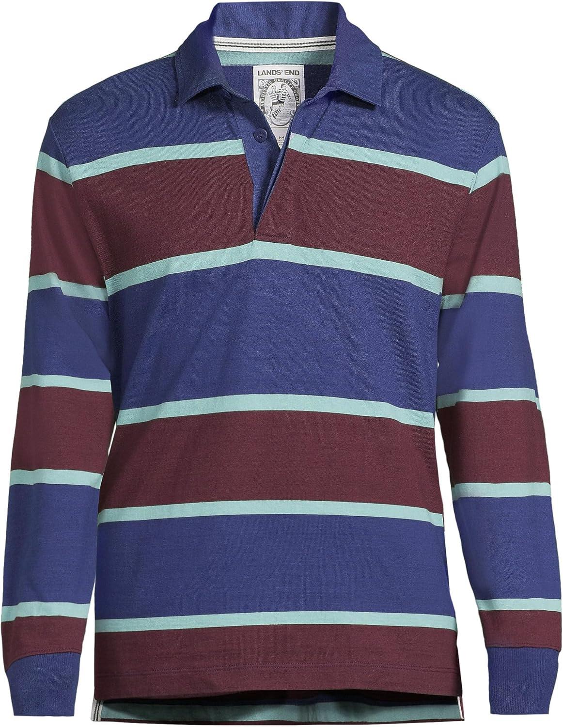 imageLands End Mens Long Sleeve RugbyDeep Sea NavyBurgundy Stripes