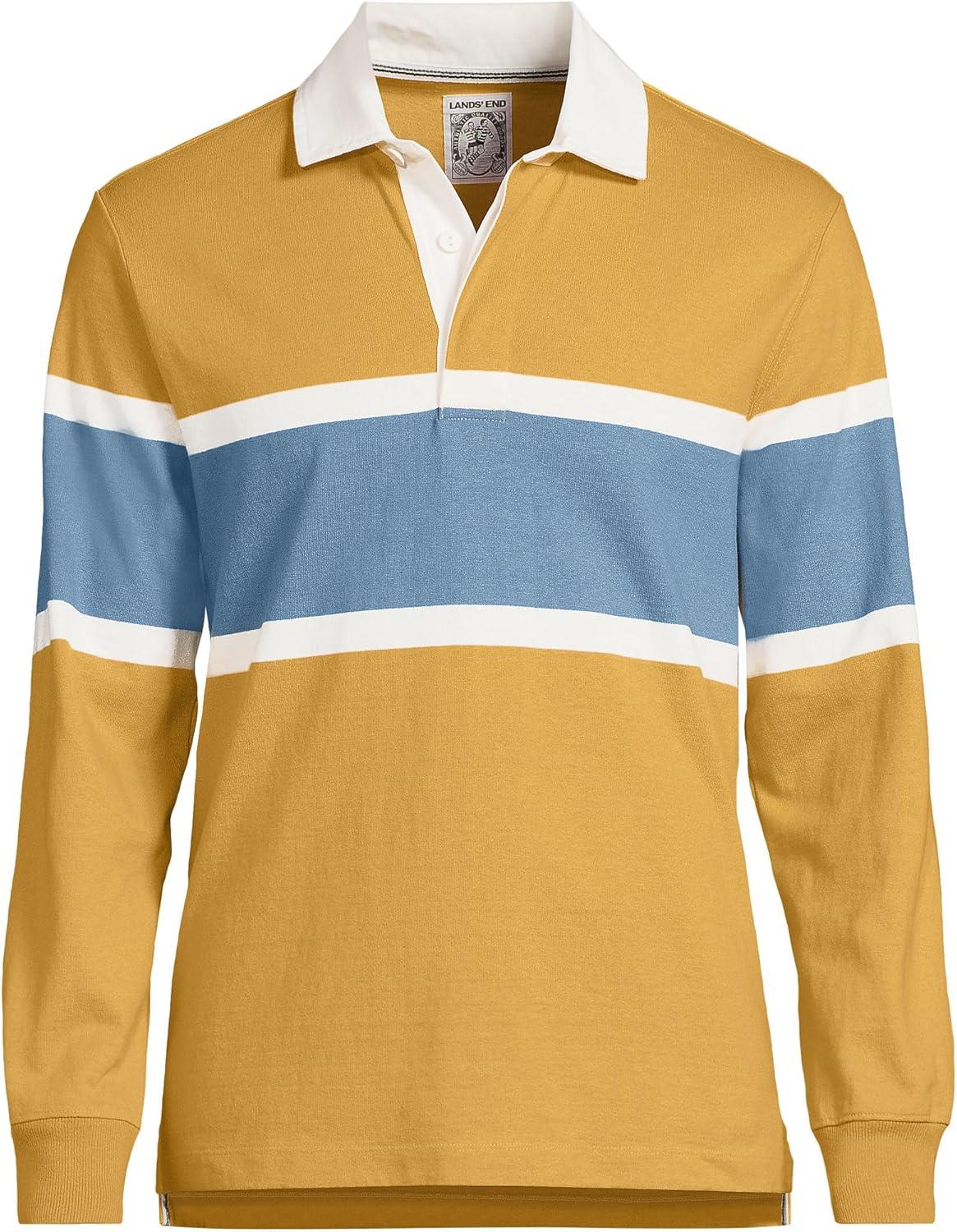 imageLands End Mens Long Sleeve RugbyDijon GoldBlue Stripe