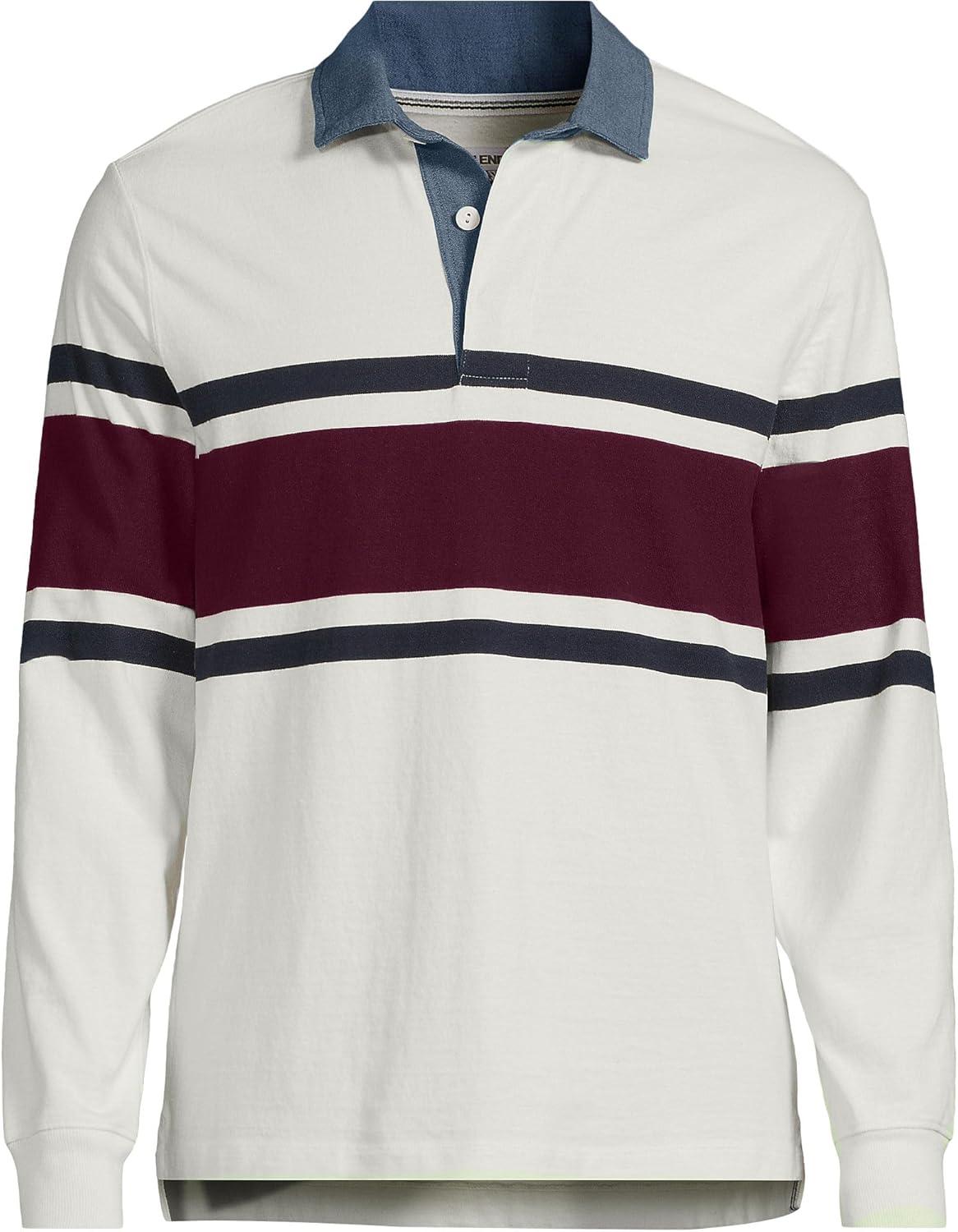 imageLands End Mens Long Sleeve RugbyIvoryRich Burgundy Stripe