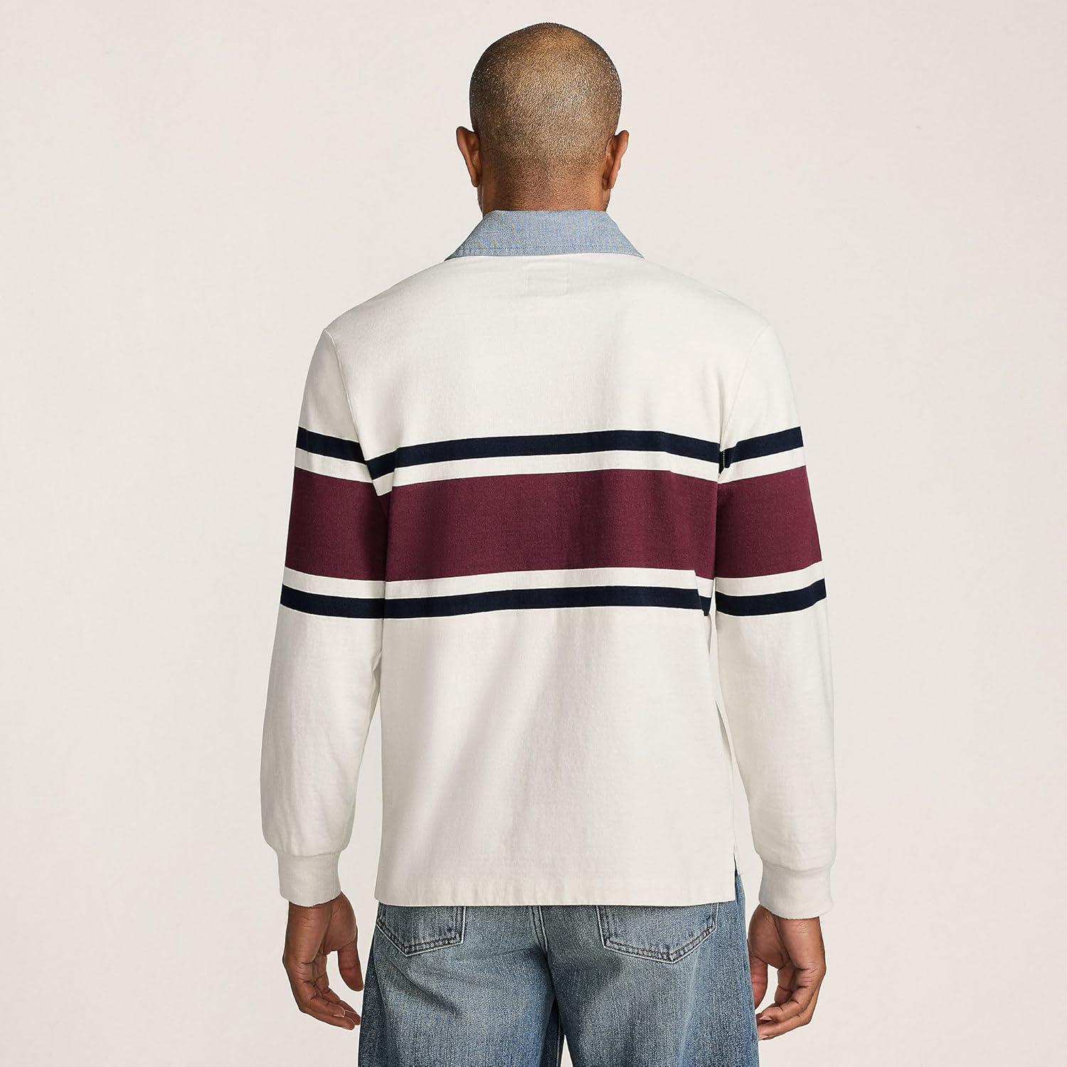 imageLands End Mens Long Sleeve RugbyIvoryRich Burgundy Stripe