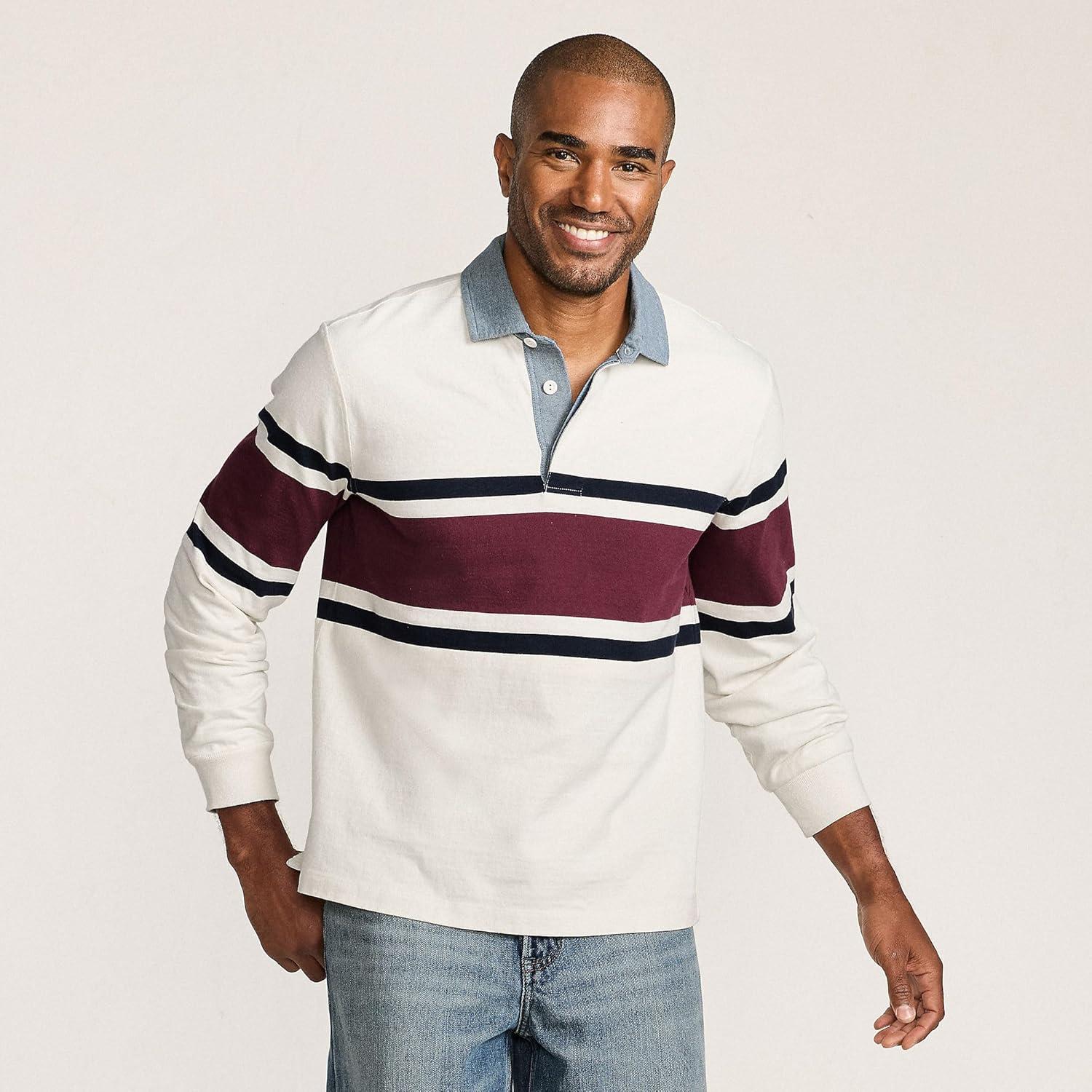 imageLands End Mens Long Sleeve RugbyIvoryRich Burgundy Stripe