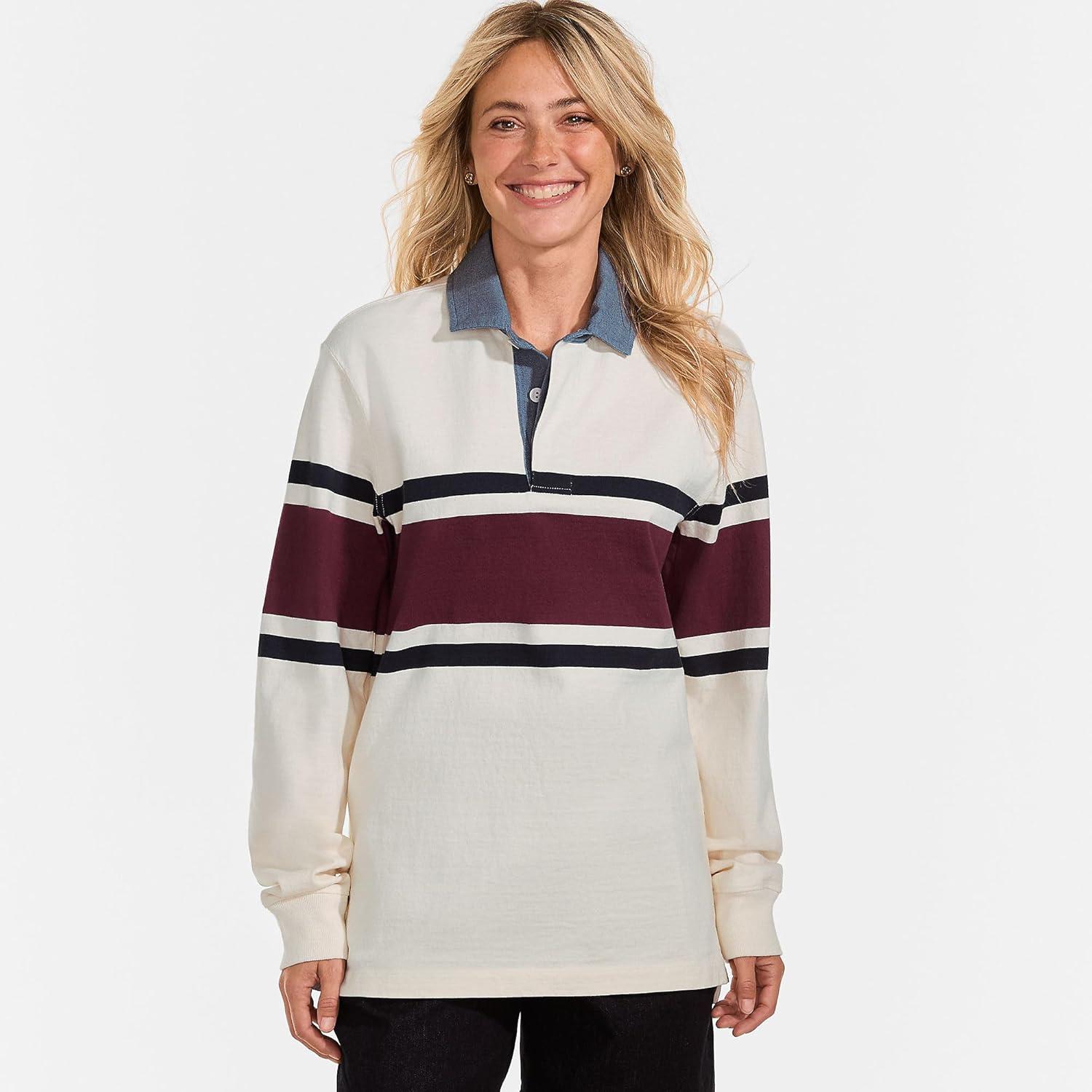 imageLands End Mens Long Sleeve RugbyIvoryRich Burgundy Stripe