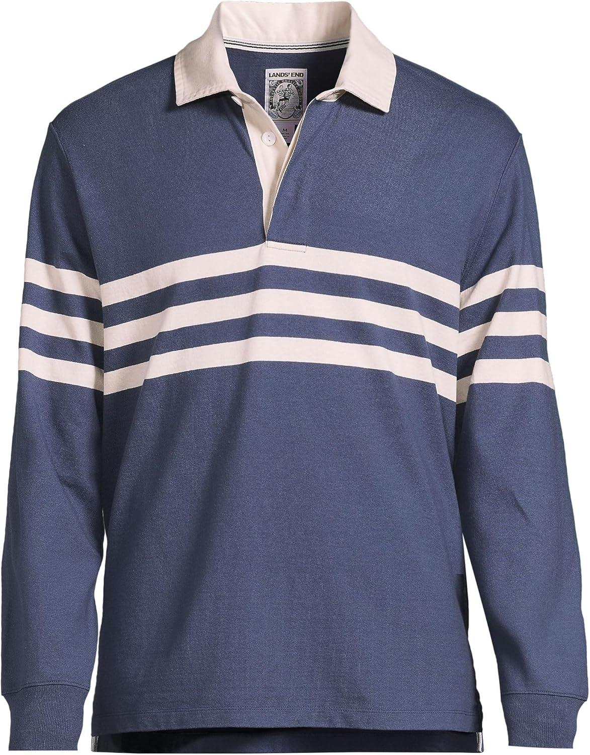 imageLands End Mens Long Sleeve RugbyNightfall BlueIvory Stripe