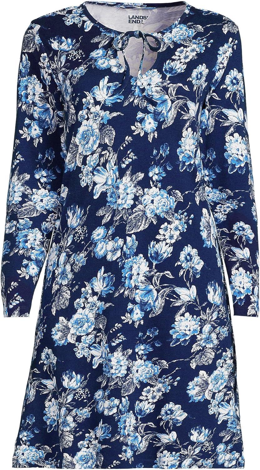 imageLands End Womens Cotton Interlock Long Sleeve Above the Knee NightgownDeep Sea Navy Linework Floral