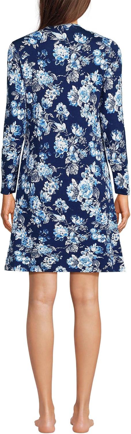 imageLands End Womens Cotton Interlock Long Sleeve Above the Knee NightgownDeep Sea Navy Linework Floral