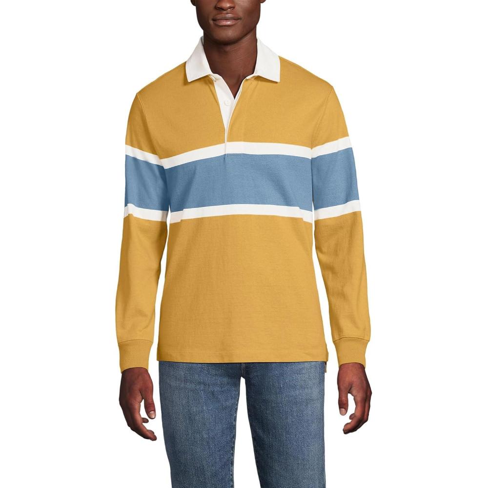 imageLands End Mens Long Sleeve RugbyDijon GoldBlue Stripe