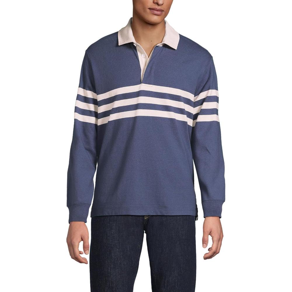 imageLands End Mens Long Sleeve RugbyNightfall BlueIvory Stripe
