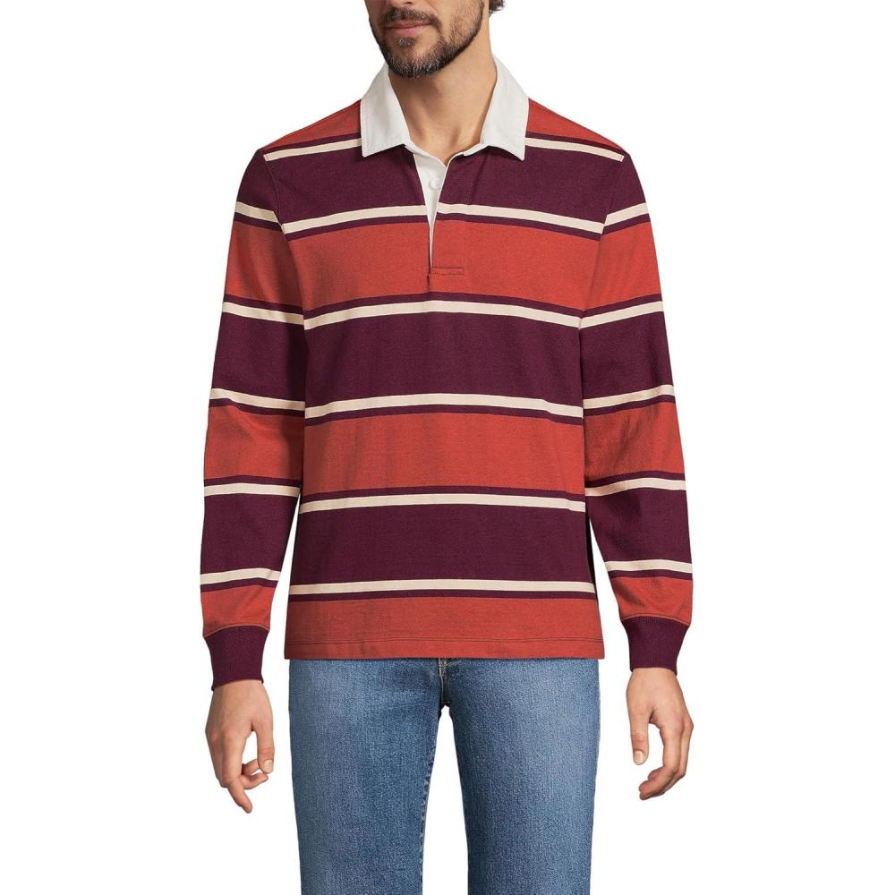 imageLands End Mens Long Sleeve RugbyRich BurgundyBourbon Stripe