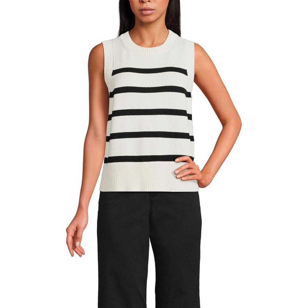 imageLands End Womens Drifter Cotton Easy Crew Neck Vest SweaterIvoryBlack Breton Stripe