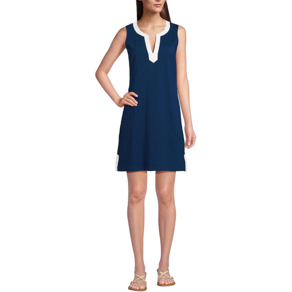 imageLands End Womens Cotton Jersey Notch Neck Dress with SoutacheDeep Sea NavyWhite R