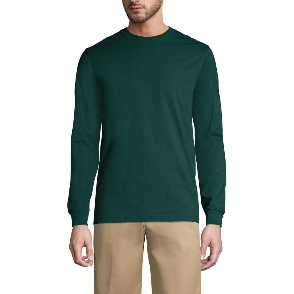 imageLands End Essentials Mens LongSleeve Soft Cotton TShirt Relaxed Easy FitEvergreen
