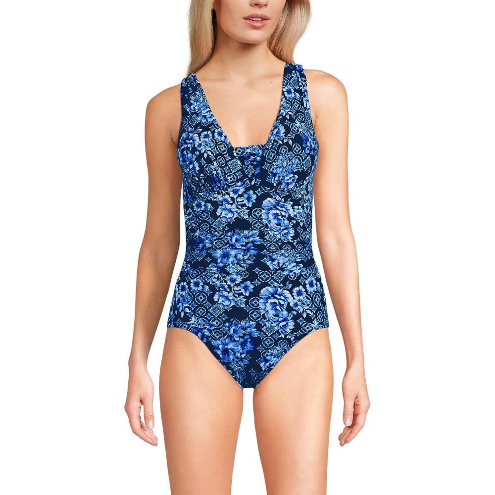 imageLands End Womens SlenderSuit Grecian Tummy Control Chlorine Resistant One Piece SwimsuitDeep Sea Navy Mosaic Floral