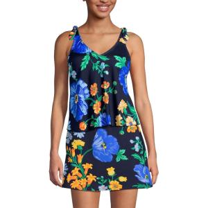 Lands’ End Women’s D-Cup Chlorine Resistant V-Neck Shoulder Tie Flutter Tankini Swimsuit Top(Navy/Exploded Poppy Floral)
