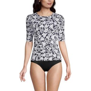 Lands’ End Women’s Sunshade UPF 50 Elbow Sleeve Rash Guard Swim Tee(Black Havana Floral)