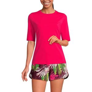 Lands’ End Women’s Sunshade UPF 50 Elbow Sleeve Rash Guard Swim Tee(Coral Ruby)