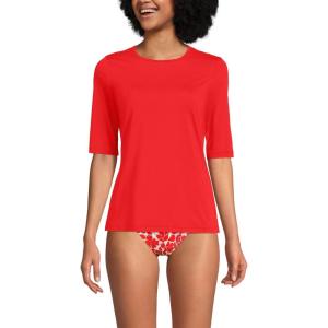 Lands’ End Women’s Sunshade UPF 50 Elbow Sleeve Rash Guard Swim Tee(Daylily Red)