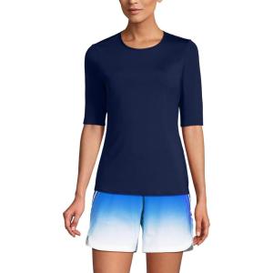 Lands’ End Women’s Sunshade UPF 50 Elbow Sleeve Rash Guard Swim Tee(Deep Sea Navy)