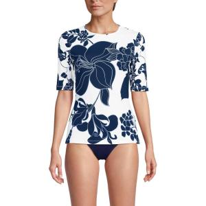 Lands’ End Women’s Sunshade UPF 50 Elbow Sleeve Rash Guard Swim Tee(White/Navy Lilies Placement)