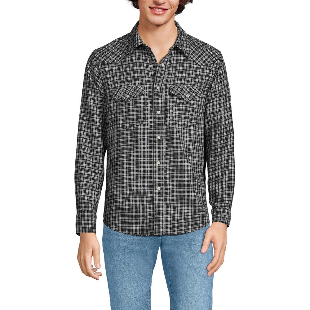 imageLands End Mens Western ShirtBlackSlate Gray Plaid