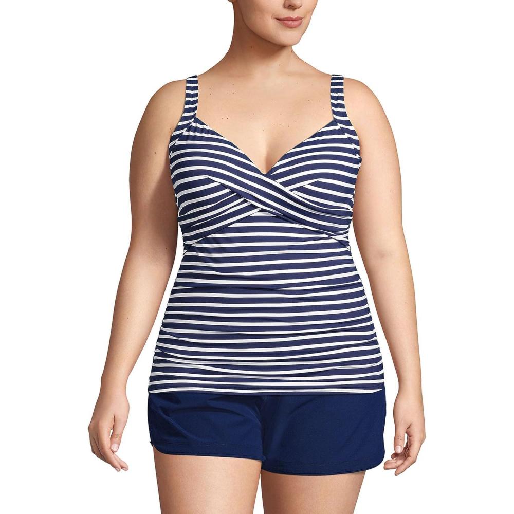 imageLands End Womens Chlorine Resistant Wrap Tankini Swimsuit TopDeep SeaWhite Media Stripe