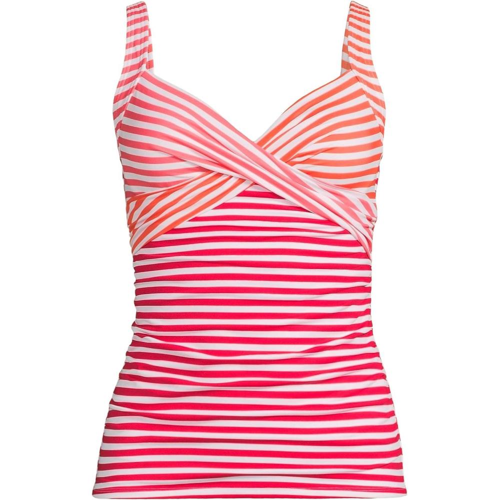 imageLands End Womens Chlorine Resistant Wrap Tankini Swimsuit TopWood LilyStrawberry Stripe