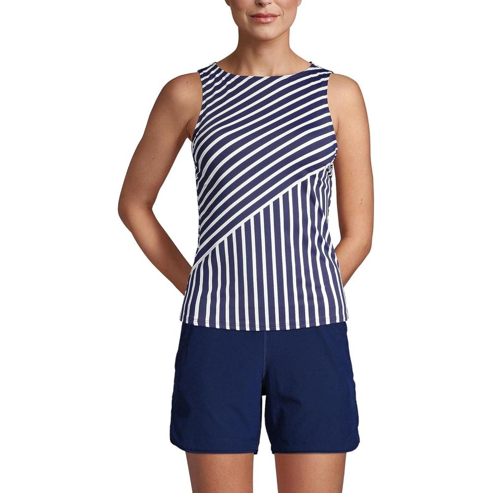 imageLands End Womens High Neck UPF 50 Modest Tankini Top SwimsuitDeep Sea Mixed Diagonal Stripe