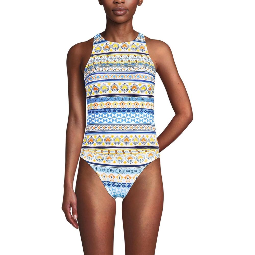 imageLands End Womens Tugless High Neck Strappy Back Tankini Swimsuit TopWhite Mosaic Multi Stripe