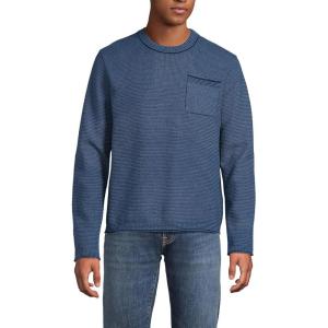 Lands’ End Men’s Long Sleeve Textured Cotton Crewneck Sweater(Radiant Navy Micro Stripe)
