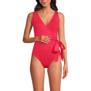 Lands’ End Women’s Chlorine Resistant Side Tie Wrap High Leg One Piece Swimsuit(Coral Roses)