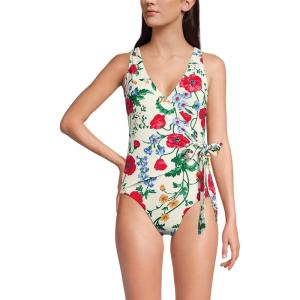 Lands’ End Women’s Chlorine Resistant Side Tie Wrap High Leg One Piece Swimsuit(Egret/Exploded Poppy Floral)