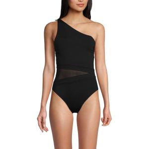 Lands’ End Women’s Chlorine Resistant Smoothing Control Mesh High Leg One Shoulder One Piece Swimsuit(Black)