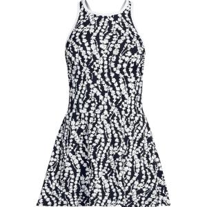 Lands’ End Women’s Chlorine Resistant Tugless High Neck Swim Dress One Piece Swimsuit(Black/White Vine Floral)