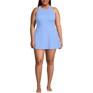 Lands’ End Women’s Chlorine Resistant Tugless High Neck Swim Dress One Piece Swimsuit(Clear Blue Sky)