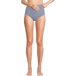 Lands’ End Women’s Chlorine Resistant Tummy Control Tugless High Waisted Bikini Swim Bottoms(Deep Sea Navy/White Gingham)