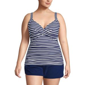 Lands’ End Women’s Chlorine Resistant Wrap Tankini Swimsuit Top(Deep Sea/White Media Stripe)