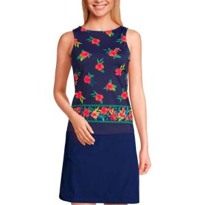 Lands’ End Women’s High Neck UPF 50 Modest Tankini Top Swimsuit(Navy Tropical Scenic Border)