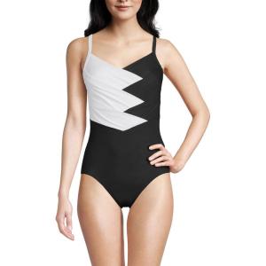 Lands’ End Women’s Slender Suit V-Neck Pleated X-Back One Piece Swimsuit Adjustable Straps(Black/White)