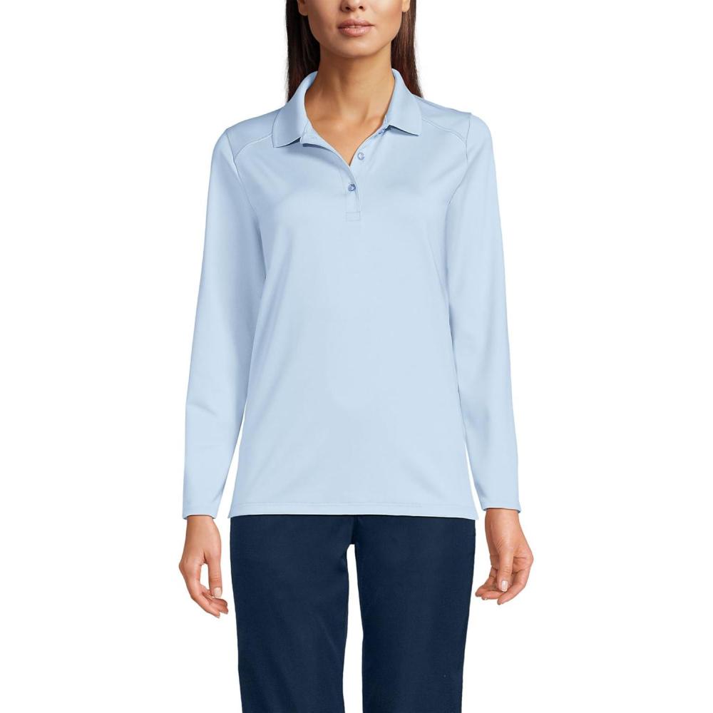 imageLands End School Uniform Womens Long Sleeve Feminine Fit Rapid Dry Polo ShirtBlue
