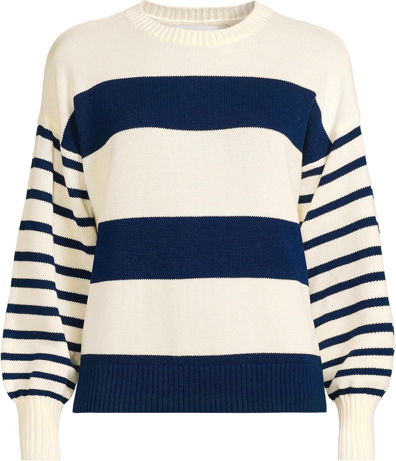 imageLands End Womens Drifter Jersey Crewneck SweaterNavyFresh Ivory Wide Stripe