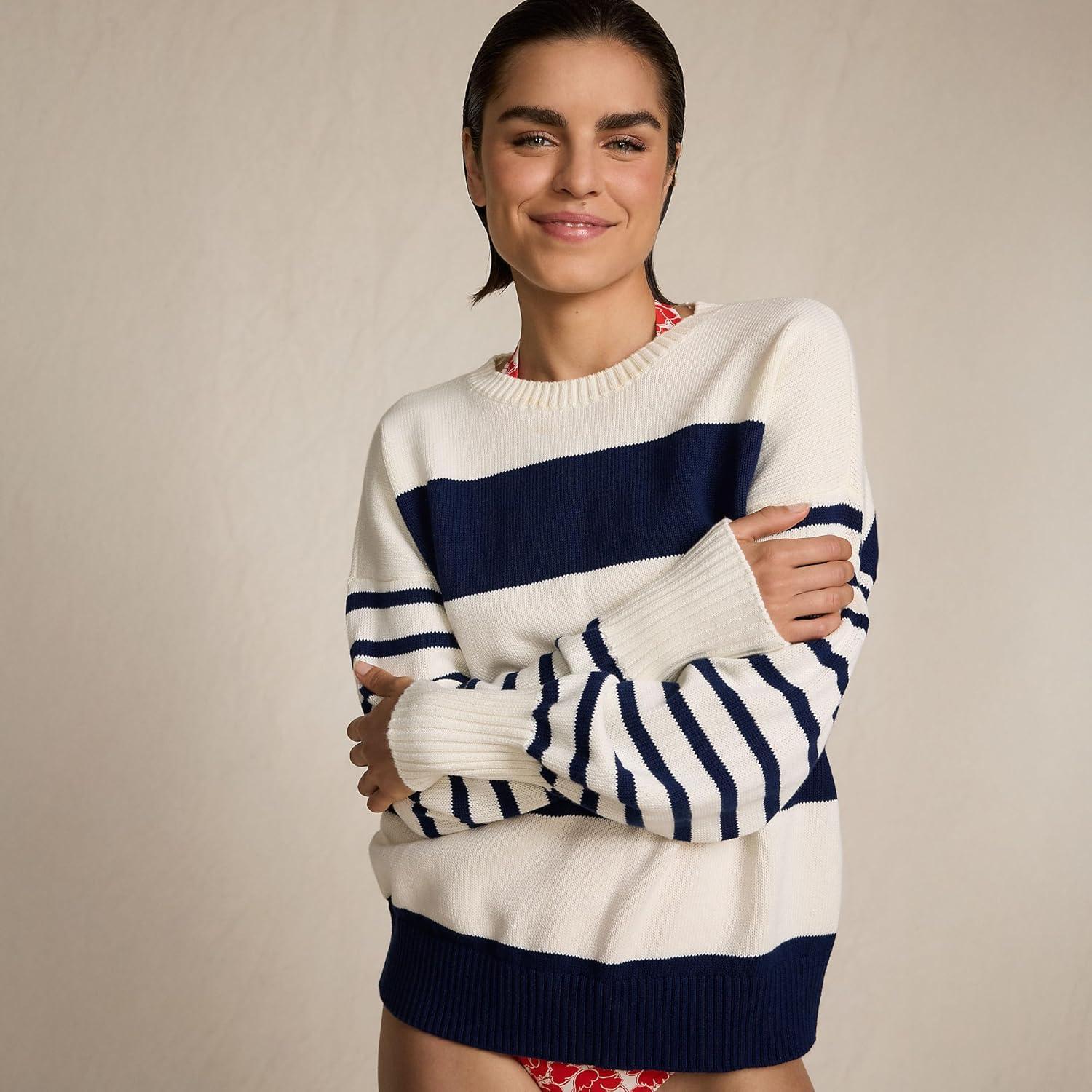 imageLands End Womens Drifter Jersey Crewneck SweaterNavyFresh Ivory Wide Stripe