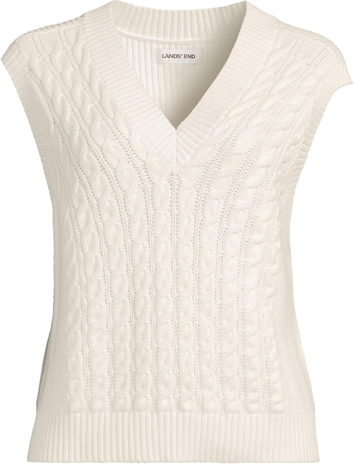 imageLands End Womens Drifter Modern Cable V Neck Vest SweaterFresh Ivory
